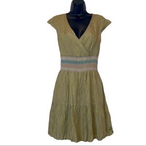 To The Max Silk Wrinkled Design V-neck Faux Wrap Short Sleeve Tan Dress 6